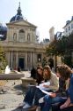 Students study near the Sorbonne in Paris, France.