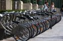 Velib public bicycle rentals near Les Halles in Paris, France.