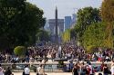 The Obelisk of Luxor and the Arch de Triomphe at the west end of the Avenue des Champs-Elysees in Paris, France.