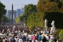 The Obelisk of Luxor and the Arch de Triomphe at the west end of the Avenue des Champs-Elysees in Paris, France.