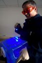 Fingerprint analyst using a colored light source to illuminate fingerprints on forensic evidence in a crime laboratory.