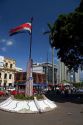 Costa Rican flag displayed at Parque Central in the city of San Jose, Costa Rica.