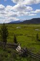 Split rail fencing runs through a meadow near Stanley, Idaho, USA.