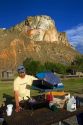 Tent camping and cooking at a campsite along the Salmon River near Salmon, Idaho, USA. MR