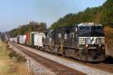 Norfolk Southern Railway locomotive traveling along Highway 72 west of Mussel Shoals, Alabama, USA.
