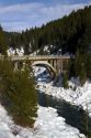The Rainbow Bridge spanning the North Fork of the Payette River during winter, Valley County, Idaho, USA.