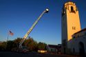 Firetruck testing 100 foot aerial ladder at the Boise Union Pacific Depot in Boise, Idaho, USA.