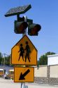 Solar powered school street crossing sign at Marsing, Idaho, USA.