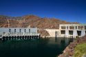 Parker Dam crossing the Colorado River creates Lake Havasu reservoir in La Paz County, Arizona and San Bernardino County, California, USA.