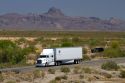 Freight transport truck traveling on Interstate 10 near Tucson, Arizona, USA.