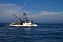 Salmon fishing trawler in the Pacific Ocean off the coast of Westport, Washington, USA.
