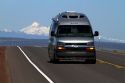 Automobile traveling on U.S. Route 20 east of Bend, Oregon, USA.