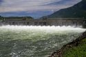Bonneville Lock and Dam spans the Columbia River between Oregon and Washington, USA.