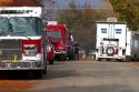 Fire engines and bomb units at the scene of an explosive materials incident in Boise, Idaho, USA.