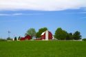 Alfalfa field with red barn and farm house in rural Allegan County, Michigan, USA.