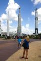 Tourists taking photos in the rocket garden at John F. Kennedy Space Center, Merritt Island, Florida, USA.